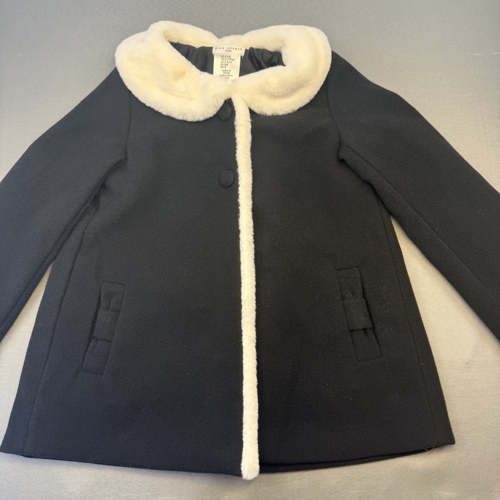 Girls Max Studio Black Dress Coat Jacket with White Faux Fur Collar Trim Size 4
